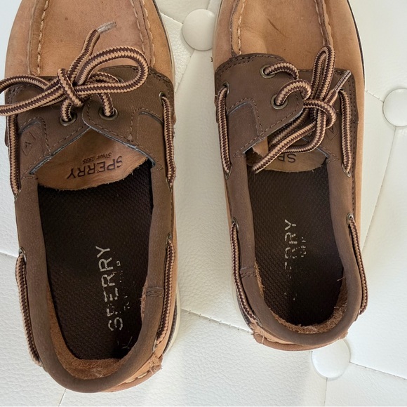Boys Kids Sperry Topsider 1 Brown Leather Leeward Loafer Boat Shoe EUC - Picture 2 of 6
